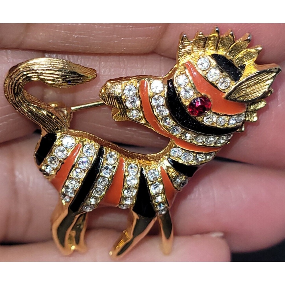Zebra Brooch Enamel Rhinestone Animal‎ Pin Gold Tone Orange Stripe